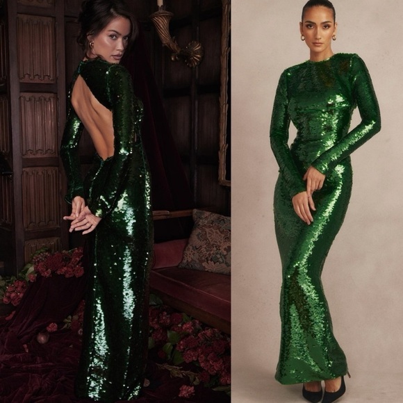 House of CB Belle Sequin Maxi Dress Pine Green Size S - Picture 1 of 6
